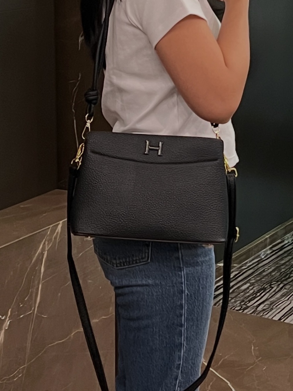 Black Leather Shoulder Bag with H Accent